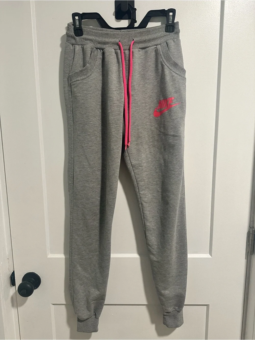 Girls Nike Gray Sweatpants with Pink Logo & Drawstring